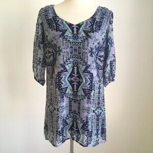BeBop Blue Shift Dress Tunic Long Sleeve Geometric Aztec Print Boho Small